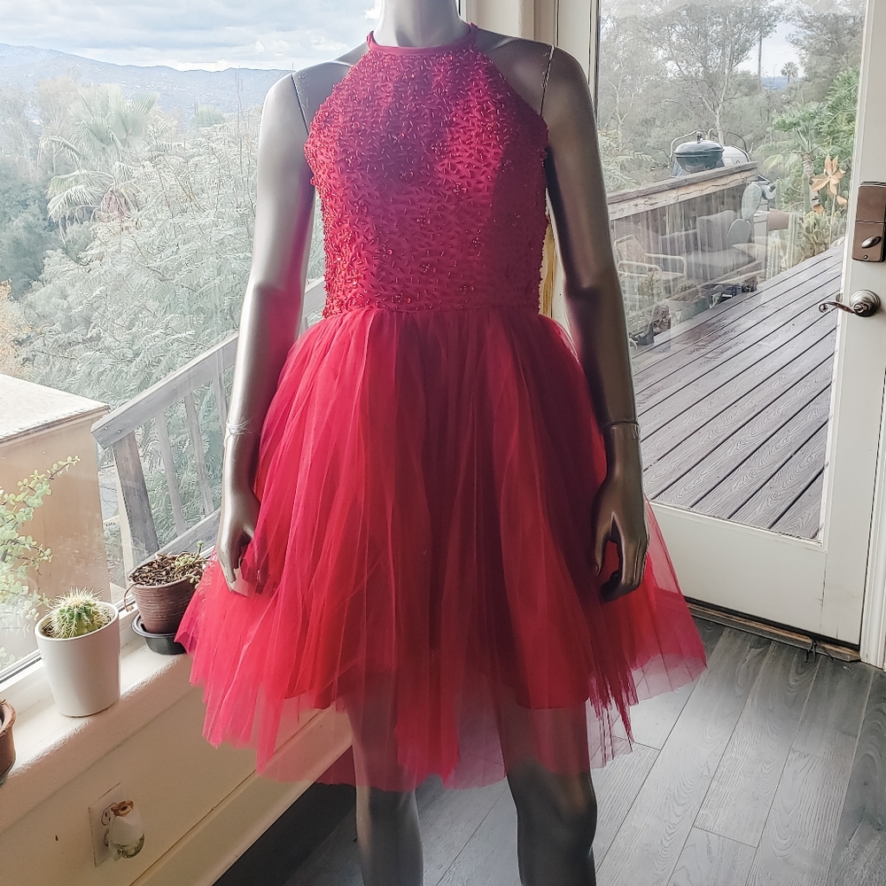 Emily in Paris Inspo: Beautiful Red Dress with Beaded Top and Tulle Skirt